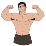  1boy abs akunaakun_(kunkun586586) apron armpit_hair armpits bara beard_stubble black_hair cropped_legs double_biceps_pose flat_color flexing groin highres large_pectorals long_sideburns looking_at_viewer lucas_lee male_focus muscular muscular_male navel navel_hair nipples pectorals scott_pilgrim_takes_off short_hair sideburns smile solo stomach thick_eyebrows topless_male waist_apron white_background 