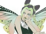  1girl blue_eyes braid bug butterfly butterfly_wings closed_mouth double_bun green_lips green_skirt hair_bun hand_on_own_face hand_on_own_knee highres insect_wings jojo_no_kimyou_na_bouken kujo_jolyne looking_to_the_side single_braid skirt solo stone_ocean twowind1551 white_background wings 