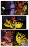  absurd_res avian bird bonnie_(fnaf) canid canine chica_(fnaf) chicken comic female five_nights_at_freddy&#039;s fox foxy_(fnaf) galliform gallus_(genus) group hi_res kiss_on_lips kissing lagomorph leporid male male/female mammal moan phasianid question_mark rabbit scottgames sex text trio yuuki_momofox_(artist) 