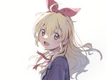  1girl :d aikatsu! aikatsu!_(series) blonde_hair blue_jacket blush bow fuji_fujino hair_between_eyes hairband hoshimiya_ichigo jacket long_hair looking_at_viewer open_mouth red_bow red_eyes red_hairband red_ribbon ribbon shirt simple_background smile solo upper_body white_background white_shirt 