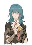  1girl black_coat blue_eyes blue_hair breasts bustier byleth_(female)_(fire_emblem) byleth_(fire_emblem) coat double-parted_bangs fire_emblem fire_emblem:_three_houses flower gauntlets highres holding holding_flower julianlynnnn large_breasts looking_at_viewer medium_hair simple_background solo white_background 