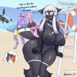  anthro avian beach bepinips biped bird cecille_(mewgle) clothing dialogue english_text female hair lifeguard_tower male mandated_nudity nude outside ra_(kilinah) seaside surfboard swimwear text white_hair 