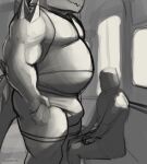  alligator alligatorid ambiguous_gender anthro belly biceps big_belly bottomwear bulge chaac_(leander_dk) clothed clothing crocodilian duo greyscale hand_in_pocket hi_res humanoid leander_dk_(artist) male monochrome musclegut muscular muscular_anthro muscular_male overweight pecs pockets public public_transportation reptile scalie shirt shorts size_difference spikes spikes_(anatomy) tank_top topwear 