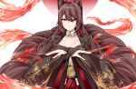  1girl absurdres akagi_(azur_lane) animal_ears azur_lane breasts brown_hair choker cleavage closed_mouth collar commentary dated_commentary detached_collar fire fox_ears fox_girl fox_tail gloves hair_between_eyes hands_up highres japanese_clothes kimono kitsune kyuubi large_breasts long_hair looking_at_viewer multiple_tails out_of_frame partially_fingerless_gloves print_kimono red_circle red_eyes red_fire samip sidelocks simple_background solo tail white_background white_collar wide_sleeves 
