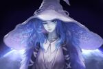  1girl blue_dress blue_eyes blue_hair blue_headwear blue_robe blue_skin cloak colored_skin cracked_skin dress elden_ring extra_arms extra_faces eyes_visible_through_headwear facial_mark fur_cloak ghost glowing_tattoo hat highres looking_at_viewer moya_(artstation) one_eye_closed ranni&#039;s_dark_moon ranni_the_witch robe wide_brim witch witch_hat 