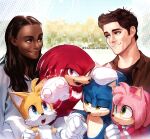  2girls 4boys amy_rose arm_hug blue_eyes brown_hair dark-skinned_female dark_skin furry furry_female furry_male gloves green_eyes hand_on_another&#039;s_head highres image_sample isa-415810 knuckles_the_echidna multiple_boys multiple_girls open_mouth sonic_(series) sonic_the_hedgehog sonic_the_hedgehog_(film) sonic_the_hedgehog_2_(film) tails_(sonic) twitter_sample twitter_username white_gloves 