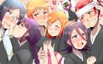  3girls 4boys abarai_renji anger_vein black_hair black_kimono bleach blush braid braided_ponytail brown_eyes closed_eyes couple embarrassed flying_sweatdrops grey_eyes haori headpat heart hug imminent_kiss inoue_orihime ishida_uryuu japanese_clothes kimono kuchiki_rukia kurosaki_ichigo kurotsuchi_mayuri kurotsuchi_nemu long_hair mizuno_12 multiple_boys multiple_girls open_mouth orange_hair pink_shirt purple_eyes red_eyes red_hair shirt simple_background sleeveless sleeveless_shirt smile spiked_hair sweat taichou_haori 