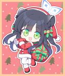  1girl animal_ears black_hair blue_archive blue_halo blush boots full_body green_eyes halo hat highres long_hair long_sleeves looking_at_viewer mittens open_mouth pants pom_pom_(clothes) red_footwear red_headwear red_mittens santa_costume santa_hat shun_(blue_archive) shun_(small)_(blue_archive) smile solo surps tiger_ears white_pants 