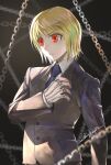  1boy absurdres bishounen black_jacket blue_necktie buttons chain closed_mouth collared_shirt eyelashes formal highres hunter_x_hunter ikuyoan jacket jewelry kurapika male_focus necktie pocket ring shirt short_hair signature solo suit upper_body white_shirt 