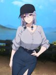  1girl absurdres alternate_costume baseball_cap black_headwear blue_eyes blue_sky braid breasts casual commentary contemporary english_commentary grey_hair grey_shirt hand_on_own_hip hat highres huge_breasts izayoi_sakuya jewelry looking_at_viewer medium_hair outdoors parted_lips ring shirt side_braids sky smile solo touhou twin_braids umisaki 