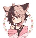  animal_ears asymmetrical_hair bandaid bare_shoulders black_hair collar drawfag fig_(vtuber) flower food freckles fruit hair_ornament hairclip highres hood hoodie looking_at_viewer non-web_source pink_eyes pink_hair strawberry 