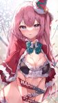  1girl absurdres black_bra blue_eyes bound bound_arms bra breasts capelet christmas cleavage frilled_bra frills fur-trimmed_capelet fur-trimmed_headwear fur_trim hair_between_eyes highres long_hair looking_at_viewer matutoki_nara05 medium_breasts navel open_mouth original pink_hair red_capelet red_headwear solo tilted_headwear underwear upper_body 