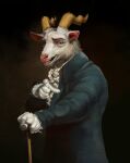  2022 anthro atriums bovid cane caprine clothed clothing coat fur gesture goat gradient_background hi_res horn inspired_by_formal_art joseph_ducreux looking_at_viewer male mammal meme pointing pointing_at_viewer simple_background smug solo standing topwear white_body white_fur 