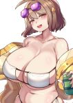 1girl :d anis_(nikke) anis_(sparkling_summer)_(nikke) bare_shoulders belly bikini breasts brown_eyes brown_hair can cleavage collarbone eyepatch_bikini eyewear_on_head goddess_of_victory:_nikke hair_ornament highres holding holding_can huge_breasts jacket navel off_shoulder open_mouth smile solo stomach sunglasses swimsuit tetsu_chokoreto upper_body white_bikini yellow_jacket 