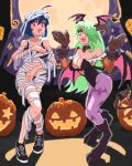  2girls ahoge black_bra black_footwear black_leotard blue_hair blush boots borrowed_character bra breasts cleavage cosplay fang green_hair hair_over_one_eye hcnone head_wings highres horns large_breasts leotard long_hair morrigan_aensland morrigan_aensland_(cosplay) multiple_girls mummy_costume open_mouth original pantyhose pink_eyes pixel_art purple_pantyhose sharp_teeth shoes short_hair skye_(hcnone) smile sneakers teeth underwear upper_teeth_only vampire_(game) wings yellow_eyes 