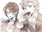  2boys alcryst_(fire_emblem) asymmetrical_hair brothers diamant_(fire_emblem) eating fire_emblem fire_emblem_engage food hair_ornament hairclip highres holding holding_food jacket limited_palette looking_at_viewer male_focus monochrome multiple_boys shirt short_hair siblings sketch white_background yoi0763 