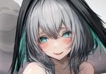  1girl 1other absurdres arknights blue_eyes blush close-up commentary doctor_(arknights) fangs grey_hair hair_between_eyes head_wings highres ho&#039;olheyak_(arknights) medium_hair paid_reward_available parted_lips portrait ringed_eyes slit_pupils smile solo_focus tab_head wings 