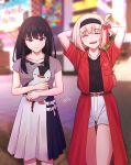  2girls absurdres arms_behind_head belt black_hair black_hairband black_shirt blonde_hair blue_skirt blurry blurry_background chxoswolf city closed_eyes closed_mouth coat collarbone english_commentary feet_out_of_frame grey_shirt hair_ribbon hairband highres holding holding_stuffed_toy inoue_takina jewelry light_smile long_hair long_skirt lycoris_recoil multicolored_clothes multicolored_skirt multiple_girls nishikigi_chisato object_hug open_mouth outdoors pendant purple_eyes red_coat red_ribbon ribbon shirt short_hair short_shorts short_sleeves shorts signature skirt smile standing stuffed_animal stuffed_penguin stuffed_toy walking white_shorts white_skirt 