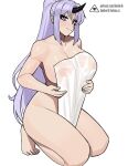  1girl breasts cleavage closed_mouth donburi_(donburikazoku) full_body horns large_breasts long_hair looking_at_viewer ponytail purple_hair shion_(tensei_shitara_slime_datta_ken) sidelocks simple_background single_horn smile solo tensei_shitara_slime_datta_ken very_long_hair white_background 