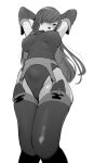  1girl 5saiji arms_behind_head arms_up breasts cameltoe detached_sleeves greyscale highleg highleg_leotard highres large_breasts leotard long_hair looking_at_viewer monochrome open_mouth simple_background solo tales_of_(series) tales_of_the_abyss tear_grants thighhighs 