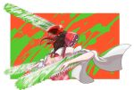  1girl apron blood bow chainsaw chainsaw_man closed_mouth collared_shirt cookie_(touhou) denji_(chainsaw_man) detached_sleeves frilled_bow frilled_shirt_collar frills green_blood hair_bow hakurei_reimu long_tongue necktie orange_background pink_apron profile red_bow red_shirt rurima_(cookie) sharp_teeth shirt sleeveless sleeveless_shirt solo teeth tongue touhou toukayou upper_body white_background white_sleeves yellow_necktie 