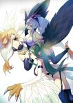  4girls bare_shoulders belt black_feathers blonde_hair blue_eyes blue_hair breasts brown_eyes cleavage duel_monster feathers full_body green_hair harpie_dancer harpie_oracle harpie_queen harpy highres large_breasts long_hair monster_girl multiple_girls parted_lips ponytail purple_eyes thighhighs vulture_(washizu0808) white_feathers winged_arms wings yu-gi-oh! 