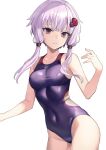  1girl akahara_tyun black_one-piece_swimsuit breasts competition_swimsuit covered_navel cowboy_shot hair_ornament hairclip medium_breasts one-piece_swimsuit purple_eyes purple_hair short_hair_with_long_locks simple_background solo standing swimsuit voiceroid white_background yuzuki_yukari 