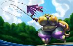  anthro areola big_breasts blonde_hair bottomwear breasts clothed clothing cloud curvy_figure deep_navel dragon female fishing_rod hair hi_res holding_fishing_rod holding_object huge_breasts navel nipples obese obese_anthro obese_female outside overweight overweight_anthro overweight_female plant purple_body purple_scales scales scalie shorts sky solo thick_thighs topless tree vdisco voluptuous wardrobe_malfunction water wide_hips yellow_body yellow_scales 