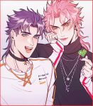  2boys alternate_color alternate_hair_color blonde_hair blue_eyes blue_hair closed_mouth commentary dio_brando earrings finger_heart hako_iix07 hand_on_own_face heart jewelry jojo_no_kimyou_na_bouken jonathan_joestar long_hair long_sleeves looking_at_viewer makeup multiple_boys multiple_rings necklace phantom_blood pink_hair pink_lips ring short_hair smile symbol-only_commentary yellow_eyes 
