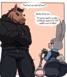  absurd_res annoyed anthro bedroom_eyes big_butt black_hair bottomwear brown_body bulge bulletproof_vest butt clothing crossed_arms cuff_(restraint) disney duo english_text equid equine eyebrows female grey_body hair handcuffs hi_res hoodie horse judy_hopps lagomorph larger_male leporid male male/female mammal metal_cuffs narrowed_eyes open_mouth pants profanity purple_eyes question_mark rabbit restraints seductive size_difference smaller_female speech_bubble text theyeager thick_eyebrows thick_thighs topwear wide_hips zootopia 