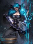  1girl :d ahoge black_bow black_dress black_gloves black_pantyhose bow breasts cleavage clothes_lift collarbone dress dress_lift drill_hair gloves green_hair grey_dress gwen_(league_of_legends) hair_bow highres holding holding_scissors large_breasts league_of_legends long_hair looking_at_viewer oversized_object pantyhose scissors shiny_skin sirenlin smile standing standing_on_one_leg symbol_in_eye teeth twin_drills twintails 