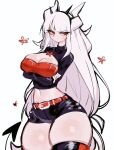  1girl annoyed black_shorts breasts cleavage_cutout clothing_cutout crossed_arms demon_girl demon_horns demon_tail helltaker horns long_hair lucifer_(helltaker) midriff red_eyes shorts tail thick_thighs thighs usa37107692 white_hair 