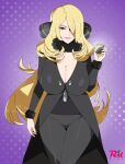  1girl black_coat black_pants black_shirt blonde_hair breasts cleavage coat cynthia_(pokemon) fur-trimmed_sleeves fur_collar fur_trim grey_eyes grin hair_ornament hair_over_one_eye hand_up highres holding holding_poke_ball large_breasts lips long_hair looking_at_viewer luxury_ball pants parted_lips poke_ball pokemon pokemon_(game) pokemon_dppt purple_background r3dfive shirt smile solo starry_background very_long_hair 