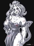  1girl artist_name bare_shoulders biceps black_background blood breasts chain chain_around_arm chained cleavage demon_boy demon_girl demon_horns demon_tail dress english_commentary greyscale grin hand_on_own_hip highres horns injury j.raido large_breasts long_hair looking_at_viewer monochrome muscular muscular_female off-shoulder_dress off_shoulder pixel_art pointy_ears princess princess_(slay_the_princess) scar sharp_teeth simple_background slay_the_princess smile solo sprite standing tail tall_female teeth the_adversary_(slay_the_princess) thick_thighs thighs toned 