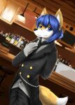  anthro black_bottomwear black_clothing black_necktie black_nose black_pants black_suit blue_eyes blue_hair blue_pupils bottomwear canid canine closed_smile clothed clothing dipstick_tail fox front_view fur glistening glistening_eyes hair hand_behind_back hand_on_chest hi_res kuttoyaki looking_at_viewer male mammal markings mouth_closed necktie pants portrait pupils short_hair solo standing suit tail tail_markings three-quarter_portrait white_body white_fur white_tail yellow_body yellow_fur yellow_tail 