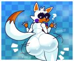  animatronic anthro big_breasts big_butt black_sclera blue_background bow_tie breasts butt butt_jiggle canid canine checkered_background cheek_tuft crushtrap dipstick_tail eyelashes facial_tuft female five_nights_at_freddy&#039;s five_nights_at_freddy&#039;s_world fox head_tuft huge_butt jiggling lolbit_(fnaf) looking_back machine mammal markings onomatopoeia open_mouth orange_body pattern_background question_mark rear_view robot rosy_cheeks scottgames simple_background solo sound_effects tail tail_markings text thick_thighs tuft white_body white_eyes wide_hips 