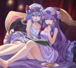  2girls alternate_eye_color bare_legs barefoot bat_wings bed blue_bow book bow commentary cookie crescent crescent_hat_ornament eating falken_(yutozin) feet_out_of_frame food hair_between_eyes hair_bow hat hat_ornament hat_ribbon highres holding holding_food indoors long_hair mob_cap multiple_girls patchouli_knowledge photoshop_(medium) pillow pointy_ears purple_hair purple_headwear purple_shirt reading red_bow red_eyes red_ribbon remilia_scarlet revision ribbon shirt short_hair sleeveless striped striped_shirt touhou undershirt white_headwear white_shirt wings yellow_eyes 