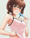  1girl arthur_ko blush brown_eyes brown_hair camisole food fubuki_(kancolle) grey_background holding holding_food kantai_collection popsicle short_hair short_ponytail simple_background solo white_camisole 