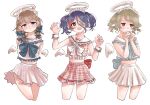  3girls angel_wings arms_behind_back blush bow bowtie bright_pupils brown_hair collarbone cropped_legs detached_wings drill_hair eyepatch fake_halo frilled_hairband frilled_sailor_collar frills fur_halo hair_bow hairband halo hand_on_own_hip hayasaka_mirei highres idolmaster idolmaster_cinderella_girls idolmaster_cinderella_girls_starlight_stage katakata115489 looking_at_viewer looking_away midriff morikubo_nono multicolored_hair multiple_girls pleated_skirt purple_hair red_hair sailor_collar sakuma_mayu shirt simple_background skirt sleeveless sleeveless_shirt streaked_hair twintails white_background wings 