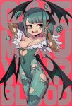  1girl alternate_color animal_print bare_shoulders bat_print black_wings breasts brown_eyes brown_sleeves cleavage collarbone commentary cosplay demon_girl demon_wings english_commentary facial_tattoo green_pantyhose hatsune_miku head_wings heart heart_tattoo highres medium_breasts morrigan_aensland morrigan_aensland_(cosplay) open_mouth panties pantyhose print_panties slugbox solo standing tattoo teeth torn_clothes torn_pantyhose torn_sleeves underwear upper_teeth_only vampire_(game) wings 