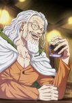  1boy closed_eyes glasses highres indoors laughing long_hair long_sleeves male_focus mature_male musasabiop old old_man one_piece orange_shirt pectoral_cleavage pectorals robe shirt silvers_rayleigh upper_body white_hair white_robe 