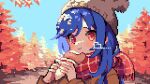  1girl ahiru_tokotoko autumn beanie blue_hair brown_headwear eating food hat highres hinanawi_tenshi holding holding_food long_hair pixel_art portrait red_eyes red_scarf scarf solo touhou 