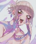  1girl blunt_bangs blush boku_no_hero_academia breasts chibi_228 double_bun hair_bun hands_up liquid looking_at_viewer messy_hair nail_polish open_mouth slit_pupils small_breasts solo toga_himiko tongue tongue_out topless yellow_eyes yellow_nails 