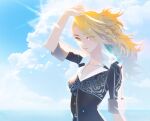  1girl arc_the_lad blonde_hair blue_sky breasts closed_mouth cloud collarbone collared_shirt long_hair looking_at_viewer ponytail protected_link save_scene_a shirt sky smile solo yellow_eyes 