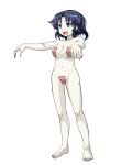  1girl :d barefoot black_eyes black_hair breasts commentary_request fang fingernails full_body jiangshi looking_afar maebari medium_breasts miyako_yoshika navel ofuda ofuda_on_nipples ofuda_on_pussy open_mouth outstretched_arms pale_skin pasties short_hair simple_background smile solo standing toenails touhou wabi_(wbsk) white_background zombie_pose 