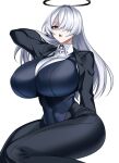  1girl :o absurdres black_eyes black_jacket black_pants breasts cleavage covered_navel dress_shirt hair_over_one_eye halo hand_in_own_hair highres huge_breasts hz_(666v) jacket large_breasts leotard long_hair looking_at_viewer navel open_mouth original pants shirt sitting suit_jacket teeth tight_clothes upper_teeth_only white_background 