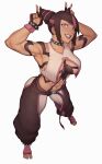  1girl abs absurdres armpits asura_(asurauser) black_hair breasts double_v grin han_juri heterochromia highres large_breasts looking_at_viewer medium_breasts multicolored_hair muscular muscular_female navel non-web_source short_hair smile solo standing street_fighter third-party_source two-tone_hair underboob v 