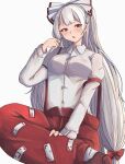  1girl absurdres blush bow breasts brown_eyes buttons collared_shirt cut_bangs fujiwara_no_mokou hair_bow highres long_hair mesuosushi ofuda ofuda_on_clothes pants red_pants shirt solo touhou very_long_hair white_bow white_shirt 