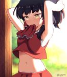  1girl absurdres artist_name black_hair commentary crop_top english_commentary hair_tubes hakurei_reimu highres losingmysauce midriff mouth_hold navel ponytail red_skirt sidelocks skirt solo touhou tying_hair upper_body yellow_eyes 