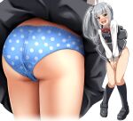  1girl absurdres ass ass_focus black_footwear black_ribbon black_socks blue_panties blush collared_shirt commentary_request covering covering_crotch dress dress_shirt from_behind full_body grey_hair hair_ribbon highres kantai_collection kasumi_(kancolle) loafers long_hair long_sleeves looking_at_viewer mtu_virus multiple_views neck_ribbon nose_blush open_mouth panties pinafore_dress polka_dot polka_dot_panties red_ribbon ribbon round_teeth shirt shoes side_ponytail simple_background sleeveless sleeveless_dress socks teeth underwear upper_teeth_only v_arms white_background white_shirt yellow_eyes zanntetu 
